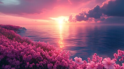 A vibrant pink sunset over a tranquil ocean with pink flowers blooming in the foreground.