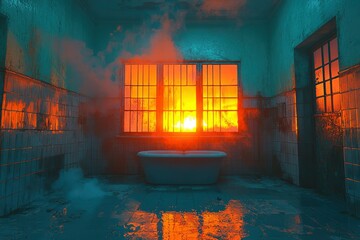 Fototapeta premium A Bathtub in a Dark and Abandoned Bathroom with an Orange Glow from the Window