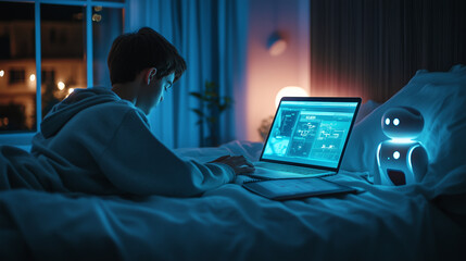 Teenager coding with a laptop at night, accompanied by a glowing AI robot, representing learning and development in artificial intelligence and technology. Image made using Generative AI.