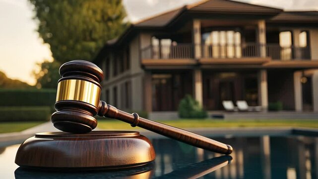 A gavel sits prominently in the foreground with a beautiful, modern house in the background, symbolizing a real estate auction or legal decision concerning property. Video