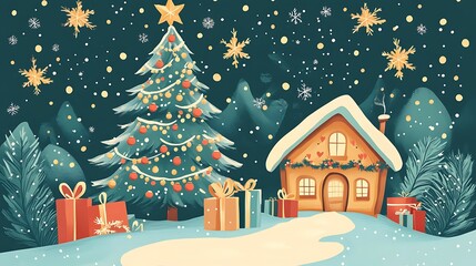 Naklejka premium A whimsical holiday clip art design with a decorated Christmas tree, wrapped presents, and a cozy cabin in the snow, surrounded by holly and festive stars 