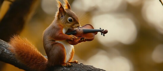 A squirrel sits on a branch in a forest with a violin. The squirrel looks up at the camera with a serious expression, as if ready to play a song.