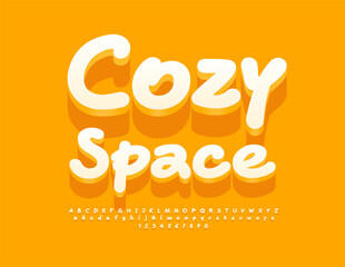 Vector cute template Cozy Space. Funny White 3D Font. Playful Alphabet Letters and  Numbers set.
