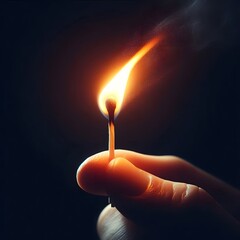 Hand Holding a Burning Match with Tiny Flame and Smoke