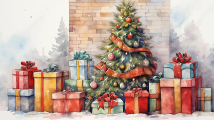 Watercolor drawing of Christmas poster, leaving the text writing part