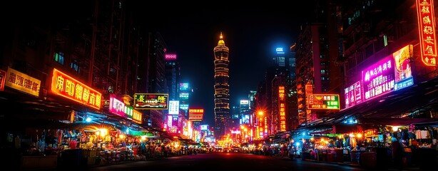 Obraz premium Bustling night market in an Asian city, with vibrant signs and stalls lit up, showcasing the rich culture and lively environment