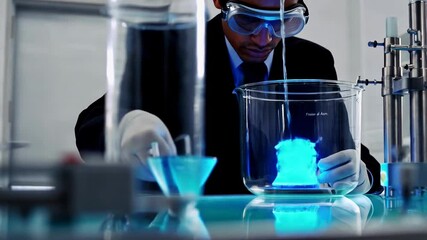 Scientist wearing gloves and protective glasses is pouring liquid into a beaker, creating a bright blue chemical reaction in a laboratory setting. AI-generated