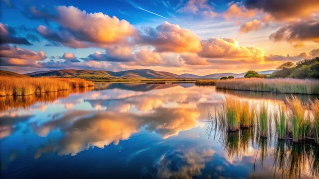 Tranquil lake with golden clouds reflecting in the still water, surrounded by lush green vegetation and rolling hills in the distance.