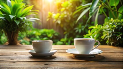 Two white coffee cups on a wooden table in a lush green garden, bathed in warm sunlight.