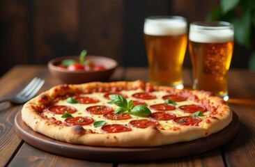 Female hands hold a piece Fresh homemade pizza with pepperoni, ham, cheese on rustic stone background. Top view