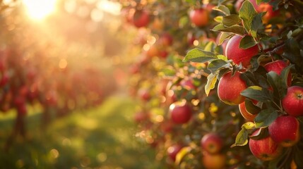Sunlit Apple Orchard with Ripe Apples in Focus During a Golden Afternoon