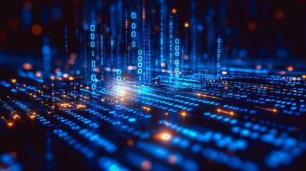 A vibrant digital scene depicting flowing streams of binary code and light patterns, symbolizing data transfer and the interconnected world of technology and cyberspace.