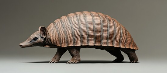 Obraz premium A brown armadillo walks on a light grey background, viewed from the side.