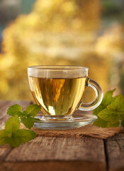 Melissa or lemon balm tea in a glass cup outdoors