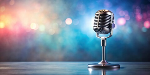 A vintage microphone sits on a stage with a colorful bokeh background, ready to capture the sounds of performance and the echoes of inspiration.