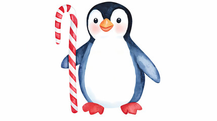Fototapeta premium Cute penguin holding candy cane, perfect for festive designs