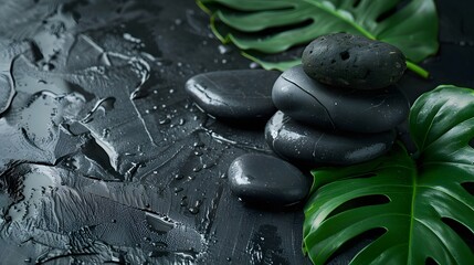 Spa stones and tropical leaves on a wet black background.