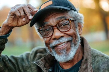 Elderly man with glasses and beard smiling warmly while tipping a hat outdoors in autumn setting