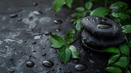 Wet black stones and green leaves on a dark surface.