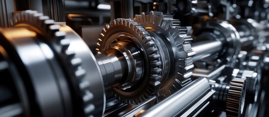 Fototapeta premium Closeup of intricate gears and shafts in a complex machine, showcasing the intricate workings of modern machinery.