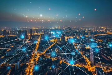 Obraz premium Smart city concept with network connection urban cityscape.