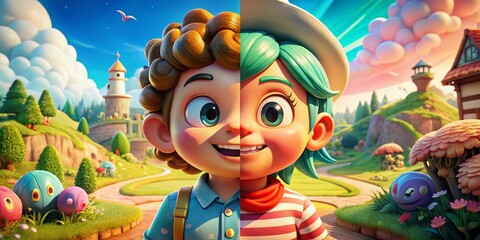 Naklejka premium Cartoon Versus Realistic Style Showdown: A Creative Clash of Two Worlds in Dynamic Composition