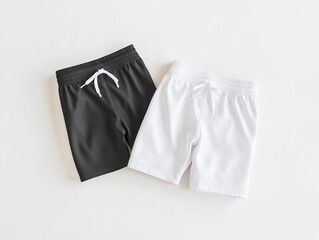 Fototapeta premium Black and white swim shorts duo, folded and placed side by side, blank for apparel branding