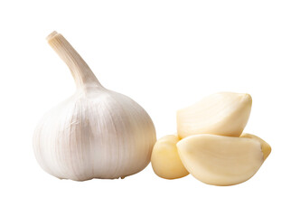 Side view of white garlic bulb with peeled cloves in stack isolated with clipping path in png file format
