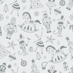 Cute silver Christmas vector seamless Nutcracker pattern.  Seamless pattern can be used for wallpaper, pattern fills, web page background, surface textures.