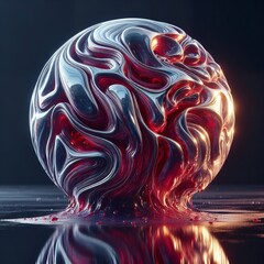 Obraz premium Glossy Red and Black Swirled Abstract Sphere with Intricate Design, Showcasing Dynamic and Modern Digital Artistry