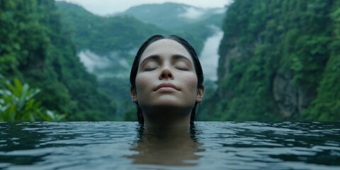 Fototapeta premium Woman Relaxing in Infinity Pool with Lush Jungle View