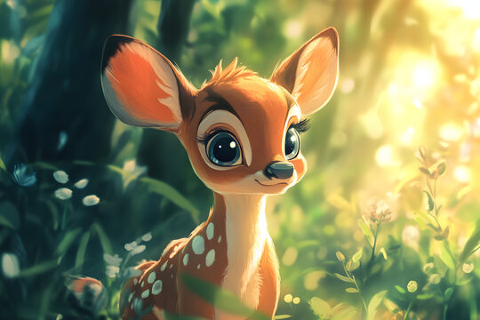 Cute cartoon illustration of an deer in the forest, wild bambi surrounded by flowers and leafs
