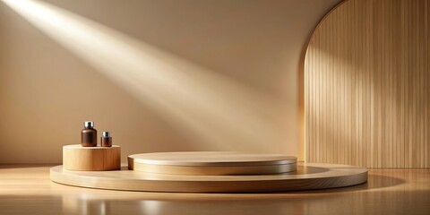 Natural Light Illuminates Circular Wooden Display Platform with Bottles