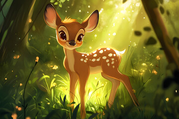 Cute cartoon illustration of an deer in the forest, wild bambi surrounded by flowers and leafs