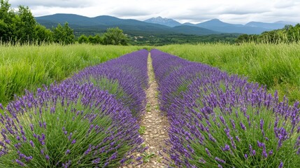 Lavender Fields Under Grey Sky in Rural Landscape