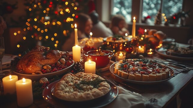 Thanksgiving feast with turkey and assorted dishes