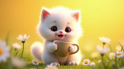 Charming white kitten with big eyes holding a cup sits in a field of daisies against a warm yellow background.