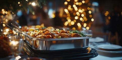 festive event features buffet with trays of delicious food, surrounded by warm, glowing lights and joyful atmosphere. setting is perfect for wedding or corporate gathering