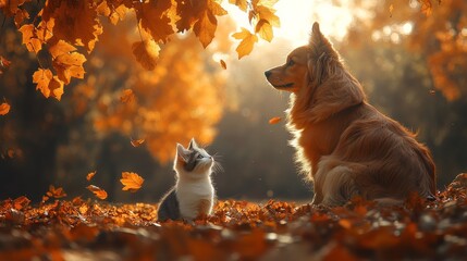 Featuring pets in warm, autumnal landscapes, emphasizing the cozy and serene atmosphere. Ideal for autumn-themed social media posts and pet blogs. Detailed view of pets playing in fallen leaves.
