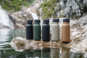 Reusable Water Bottles on Rock Near Waterfall