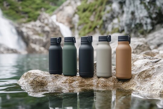 Reusable Water Bottles on Rock Near Waterfall