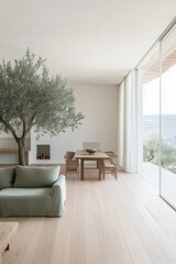 Fototapeta premium A contemporary living room with a matte sage-green sofa, and a wooden coffee table with a dwarf olive tree 