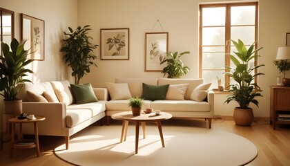 Fototapeta premium A cozy modern house interior decorated with Scandinavian furniture, including a light-colored sofa, a wooden coffee table, and potted green plants, with a warm color palette and soft lighting