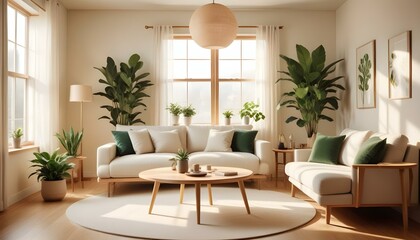 Naklejka premium A cozy modern house interior decorated with Scandinavian furniture, including a light-colored sofa, a wooden coffee table, and potted green plants, with a warm color palette and soft lighting