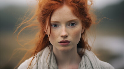 Fototapeta premium Woman with Pale Skin and Red Hair in Misty Forest