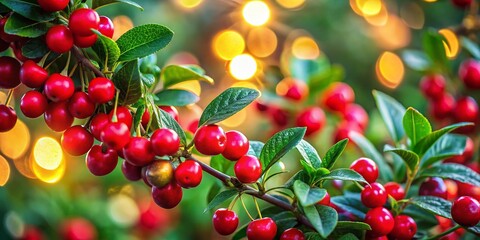 Fototapeta premium Christmas Cherry Plant Close-Up with Lush Green Leaves and Vibrant Red Berries for Holiday Decor and Nature Enthusiasts