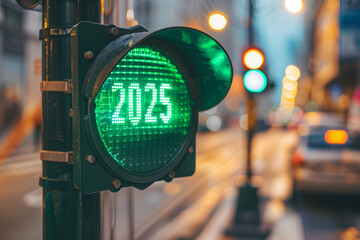 Close up of a traffic light with a green illuminated sign saying "2025".