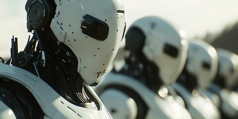 Fototapeta premium Futuristic robots lined up ready for deployment in a high-tech facility during advanced research and development