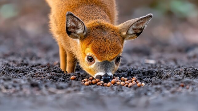 Close up of a Button Buck Deer Foraging Acorns in Forest