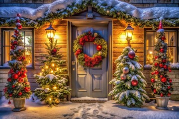 Fototapeta premium Christmas Decorations Outside Door with High Dynamic Range for Festive Holiday Cheer